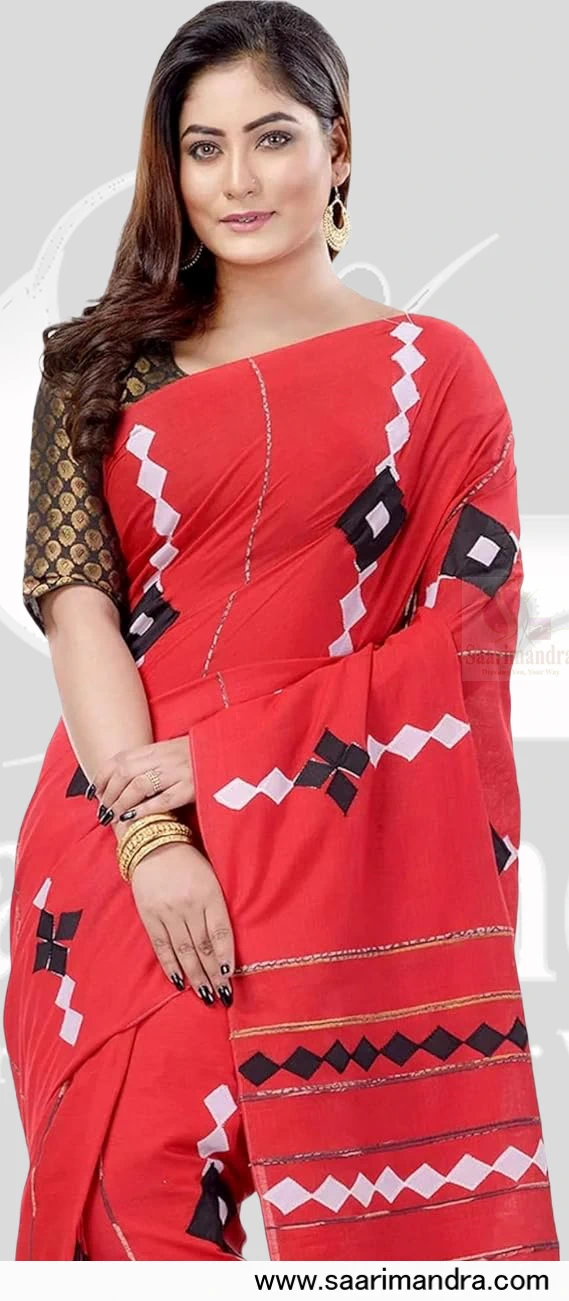 Handloom Indian Premium Red Saree with White & Black Diamond Motifs